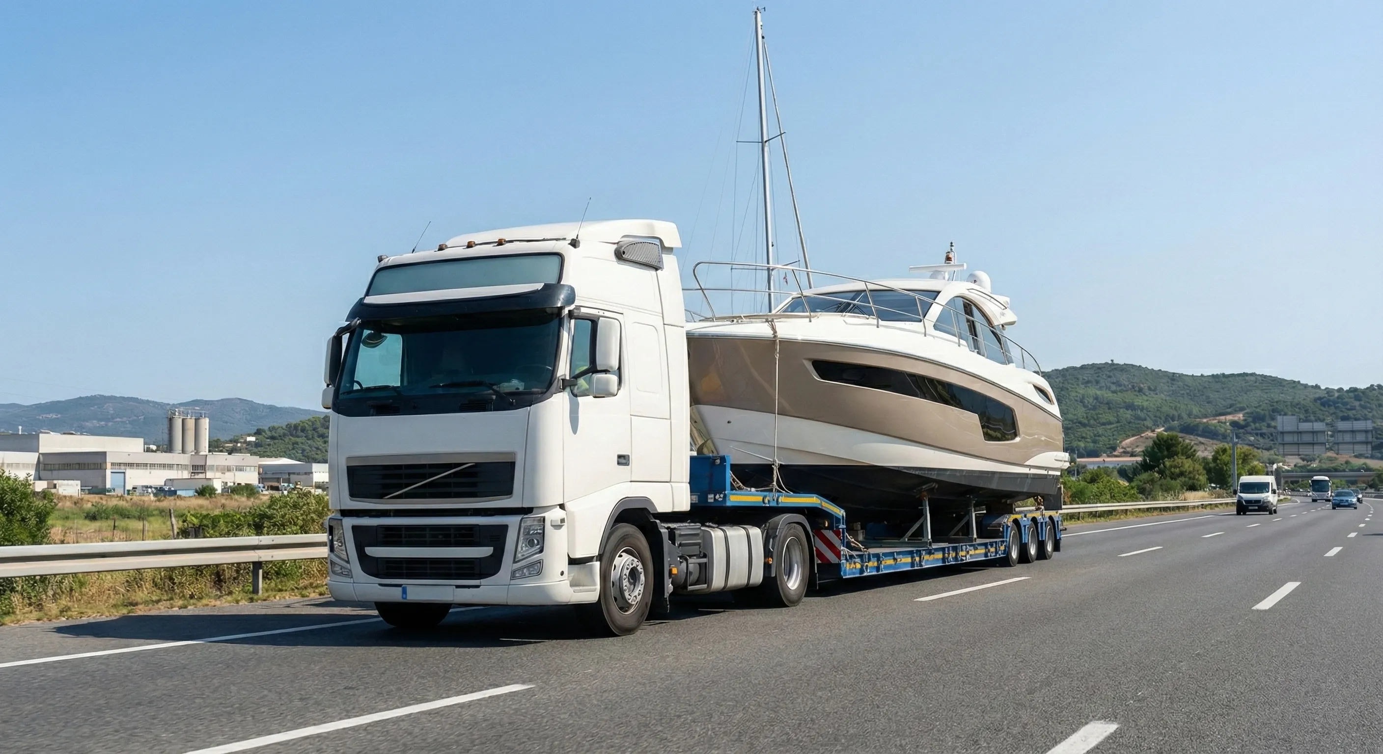 Yacht auf einem Spezialtransporter unterwegs in Europa